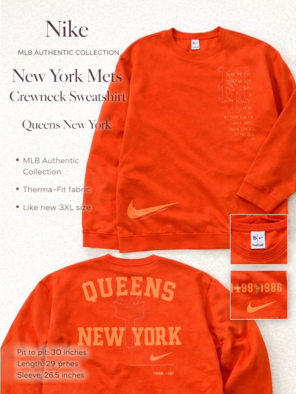 Nike MLB New York Mets Queens Crewneck Sweatshirt Orange 3XL Therma Fit Graphic